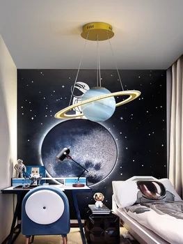 Модерен полилей за детска стая, спалнята, за момчета и момичета, творчески висящи тела, декорация във формата на пръстени, на Луната и на Земята, окачен тавана лампа