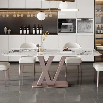 Модерни Кухненски мебели, правоъгълна маса от каменна плоча, маса за хранене с метална рамка, лилаво мраморна маса за хранене за 6 човека