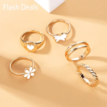 Модни прости метални пръстени с пеперуда и цвете на Любовта 2023, Комплекти за жени, Бижута, корейски модни пръстени, Бижута