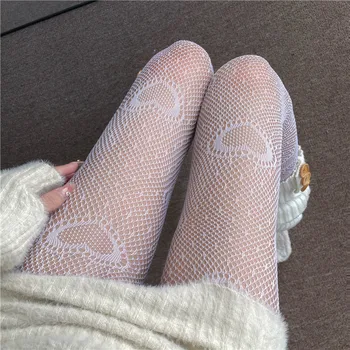 Мрежести чорапогащи в стил японски момиче в стил Лолита Ins със сърца, Чорапи, Бели, Черни Чорапогащи в рибарска мрежа, дамски летни гамаши, Чорапи