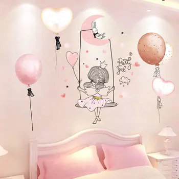 Мультяшные балони, стикери за стена, направи си сам, Момиче на люлка, стикери за стени, детски стаи, Детска спалня, декорация на дома, в детската градина
