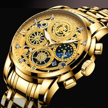 Мъжки кварцов часовник с виртуален скелет от неръждаема стомана, водоустойчив луксозни бизнес светещи златен часовник, кварцов мъжки часовник Reloj Hombre