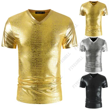 Мъжки лъскава тениска с Метален V-образно деколте, със Златно покритие, Хипстерский Нощен клуб, Приталенная Къса тениска, за Мъже Градинска облекло в стил Хип-Хоп, Camiseta Hombre