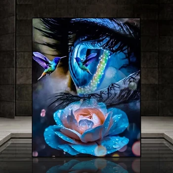 Направи си сам 5D диамантена картина очите Колибри Пълна кръгла мозайка с изображение на синя роза, изкуство диамант бродерия, планински кристал, Q304