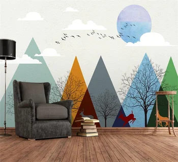 Оформление на интериора за деца по поръчка, 3D тапети, геометрични прост планински гори, хол, спалня, ТВ-фон, рисувани стенни