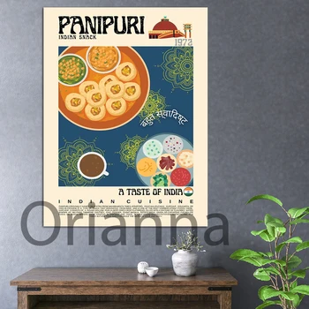 Плакат Панипури в ретро стил, Стенно Изкуство върху платно индийската кухня, Щампи индийската кухня, Модерен интериор на кухня, Щампи в стила на хранене-дизайн