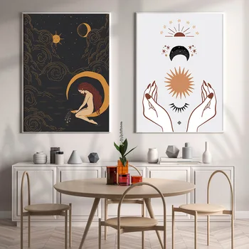 Плакат с изображение на Богинята на Луната, вещици, Украса за дома, вещици, живопис върху платно, стенно изкуство, изображение на Слънцето и Луната, принт без рамка