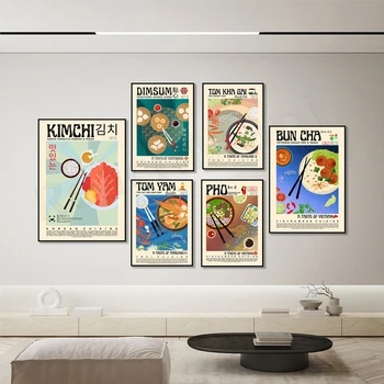 Плакат с храна, Димсам, Японски Ramen, Кимчи, Пад Тай, Тайландско-Виетнамски Храна Бани Mi, Пи Quon, Азиатски Кухненски Стенен Художествен Плакат