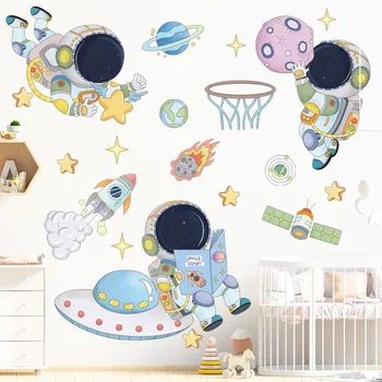 Подвижни стикери за стена с изображение на космическия астронавти от картун за детска стая, декорация на стените в детската стая, стикери за стена, PVC за детска стая, декорация на дома