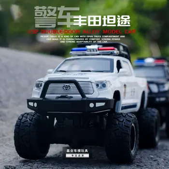 Полицейска кола с висока проходимост Toyota 1: 32, модел легкосплавного кола със звук и светлоотдаване, заглушителен играчки на едро
