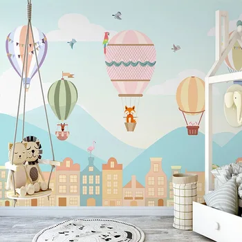 Потребителски стенни тапети 3D Анимационен филм Село Стенни живопис на балон с горещ въздух Детска спалня, Детска градина Водоустойчиви стикери за стена