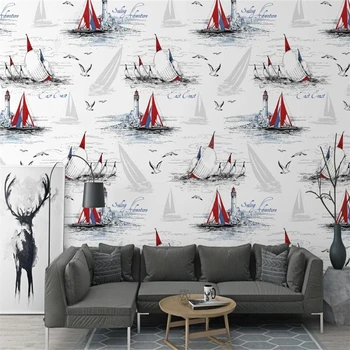Потребителски тапети снимки на ръчно рисувани морски мотиви плаване с лодка морски фар на фона рисувани стени начало декор на 3D тапети