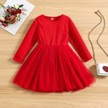 Празнична рокля за по-малките момичета 1-5 години, однотонное червено фатиновое рокля в рубчик с дълъг ръкав, рокля на принцеса, новост пролетта 2023 година