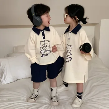 Пролет 2023, нова корейска версия на детски дрехи, бебешки комплекти, дрехи за момчета и момичета, дрехи за брат И сестра, тениска, рокля-поло