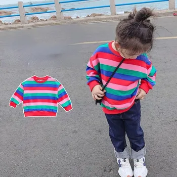 Пролетно-есенен пуловер, за момичета, детски шарен пуловер, модерен топ с дълъг ръкав за деца