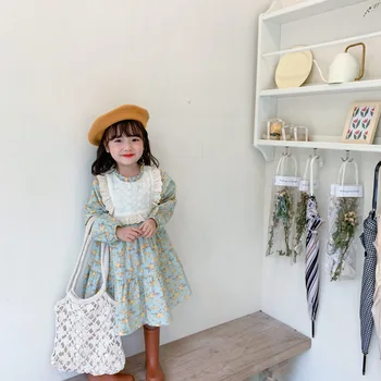 Пролетта принцеса рокля в корейски стил с цветен модел за момичета, дантелени памучни ежедневни рокли в стил мозайка