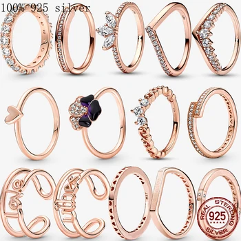 Пръстени от сребро 925 проба за жени, оригинално годежен пръстен Infinity Love Heart, кристали розово злато, луксозни очарователни бижута