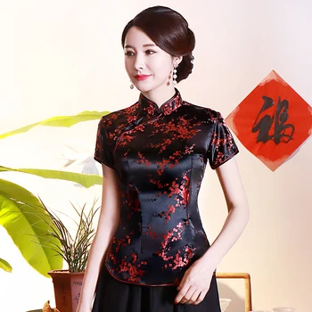 Реколта дамски китайската традиционна сатен блуза с цветен модел, лятна секси риза, новост, върхове с дракон, Размер 3XL 4XL