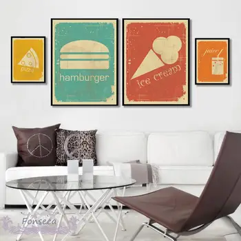 Ретро плакат с храна в скандинавски стил, карикатура, Хамбургер, Хот-Дог, Пица, Кафе, Сладолед, плакат, платно, стена художествени картини за кухни
