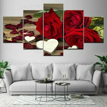 Романтичната Червената Роза, Цветето на Любовта на Сърцето Печат Върху Платно Картина на Стена Арт Декор 5 Панели HD Печат на Снимки Плакат Начало Декор Без Рамка