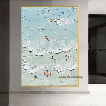 Ръчна работа Щастливата Просто Абстрактна живопис с маслени бои Съвременни стенописи за плуване Морска Картина с маслени Бои Съвременно изкуство Изглед към морската вълна от Начало декор