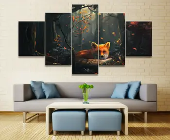 Сладка Оранжева Лисица в дълбоката гора, 5 бр., платно, стенни художествена живопис, плакат, начало декор, HD Печат, интериор на стаята, картини без рамки