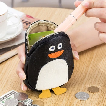 Сладък малък портфейл с пингвин от естествена кожа, мека мини-портфейл, калъф за карта, червило, чанта за съхранение на ключове, клатч за жени и момичета