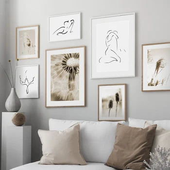 Стенни картина с принтом за декор за хола и стена на изкуството, живопис върху платно, тръстика глухарче, абстрактен черно-бял плакат в скандинавски стил