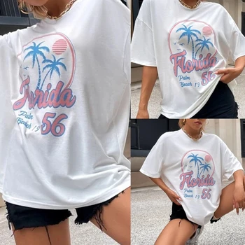 Тениска с кръгло деколте за жени, тениски с кокосова палма и писмото принтом за момичета, летни