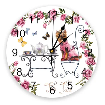 Часовници с цвете и пеперуда под формата на куче, домашен декор за хола, големи Кръгли стенни Часовници, Тъпо кварцов часовник настолен часовник, Бижу спални, стенни часовници