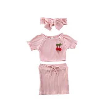 Череша Нов летен моден комплект дрехи за деца и малки момичета, розова тениска в рубчик + шорти, превръзка на главата, комплект дрехи за деца