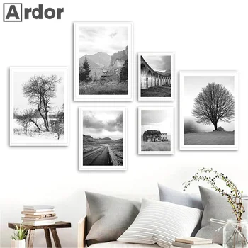 Черно-Бялото дърво, монтиран на стената художествен плакат, природен пейзаж, платно, боядисване, Планински мост, принт, стенни пана в скандинавски стил, декорация на дома