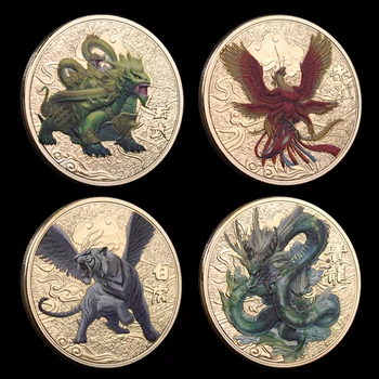 Честит китайските древни митични същества Златна монета Дракон Монета Тигър, значка, плакет, Монета за късмет