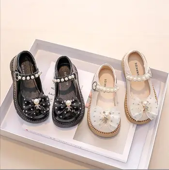 Детски обувки; сезон пролет-есен; новост; перлена декорация за момичета; модни фини обувки на принцесата черен цвят, на равна подметка; размери b 23-35