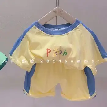Комплект летни шорти-тениски 2023, детски дрехи в стил мозайка с писмото принтом за момичета и момчета, ежедневни облекла за деца
