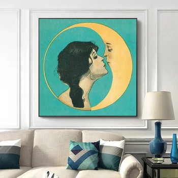 Красива жена, целующая Луната, живопис върху платно, реколта щампи и плакати, илюстрация на Полумесец, антикварное стенно изкуство, начало Декор