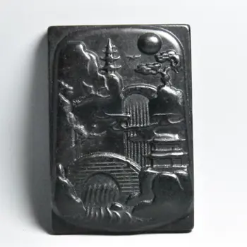 Култура Хуншань, Скулптура от метеорит с магнитната сила от черно Желязо, Планини и реки Късмет, Hang /Медальон Ръчна изработка # 4