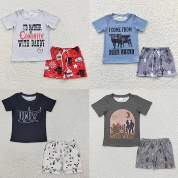 На едро детски летен комплект, детска риза с къси ръкави и шарени крави, тениска, шорти за деца, детски дрехи в Западен стил кактус