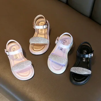Нови сандали за момичета, детски летни блестящи сандали, модерни обувки принцеса с кристали, детски сладки дишащи сандали