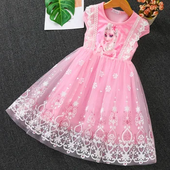 Рокля принцеса Елза с къси ръкави за момичета, детски лятото ново дантелено сетчатое рокля в стил мозайка, розово, синьо, празнични рокли рожден ден на от 2 до 13 години