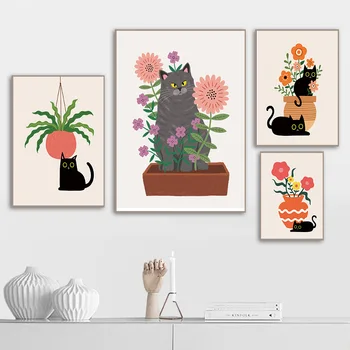 Смешни котки, модерни постери и щампи, живопис върху платно, черна котка, и цвете, стенни картини за всекидневна, декориране на дома, на кухнята